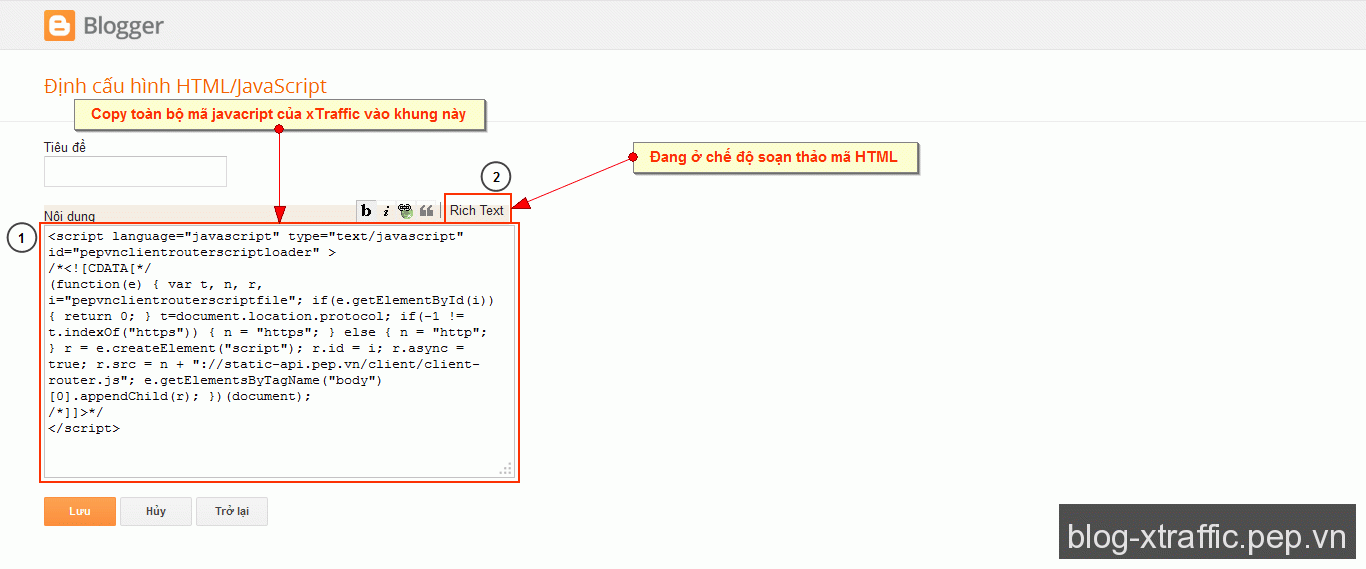 Hướng dẫn cách thêm mã Javascript của xTraffic.pep.vn vào website của bạn - Javascript publisher website xtraffic - Hướng dẫn xTraffic xTraffic